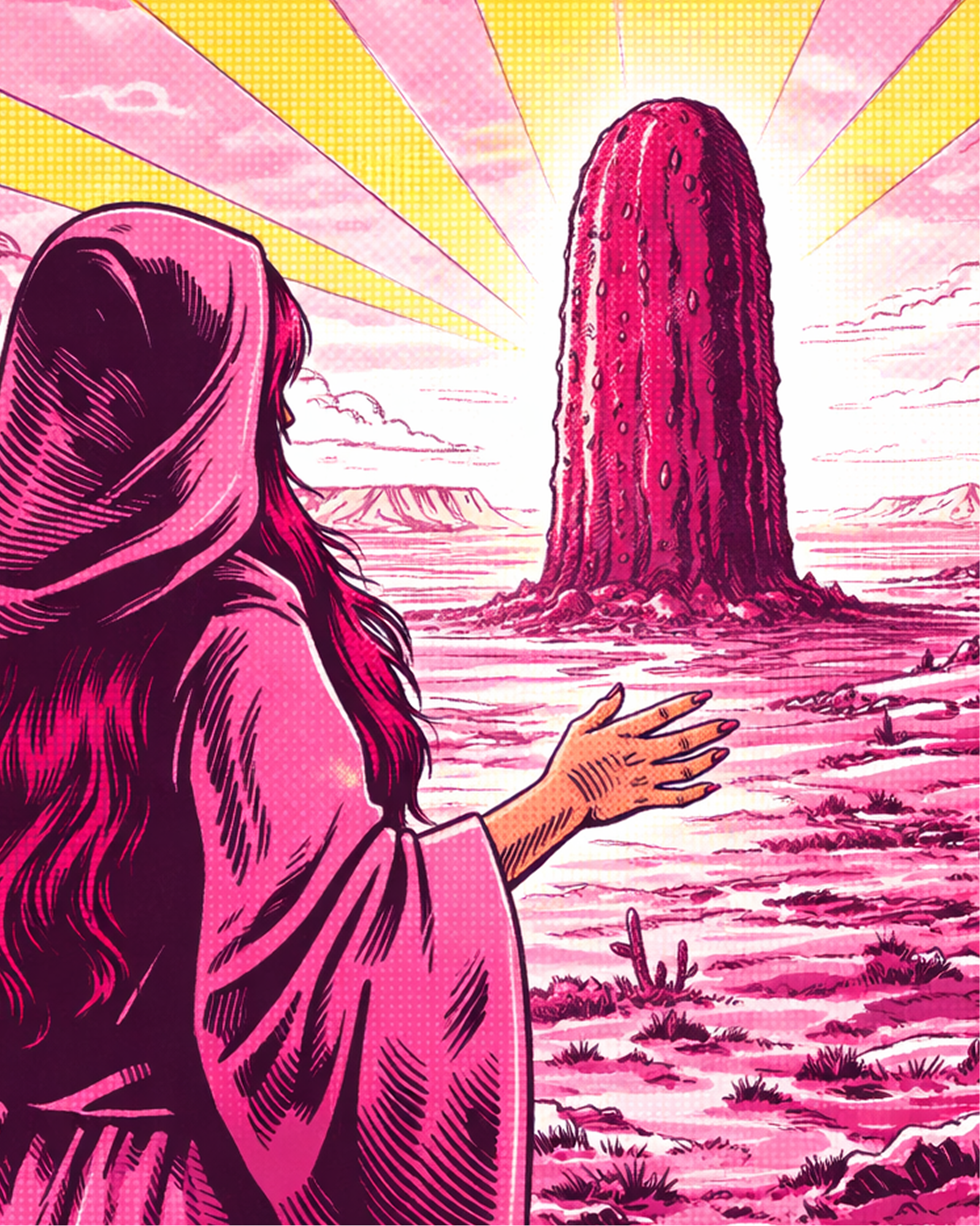 Our Mother Vermillion character looking at a larger than life pickle in a desert setting.