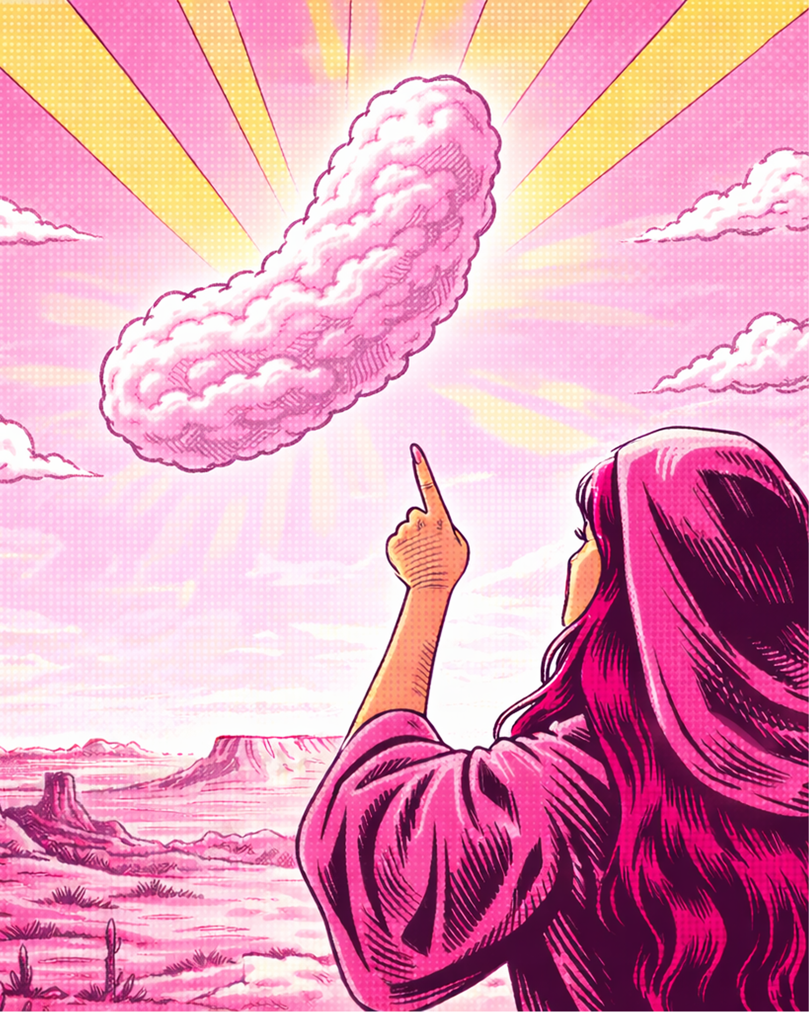 Our Mother Vermillion character in a pink outfit pointing at a cloud shaped like a pickle in a desert landscape with a pink sky.