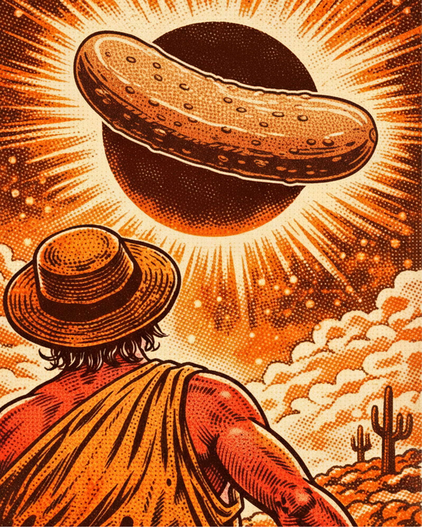 Illustration of our sunburnt saint in a desert landscape with a large pickle in the sky covering the sun.