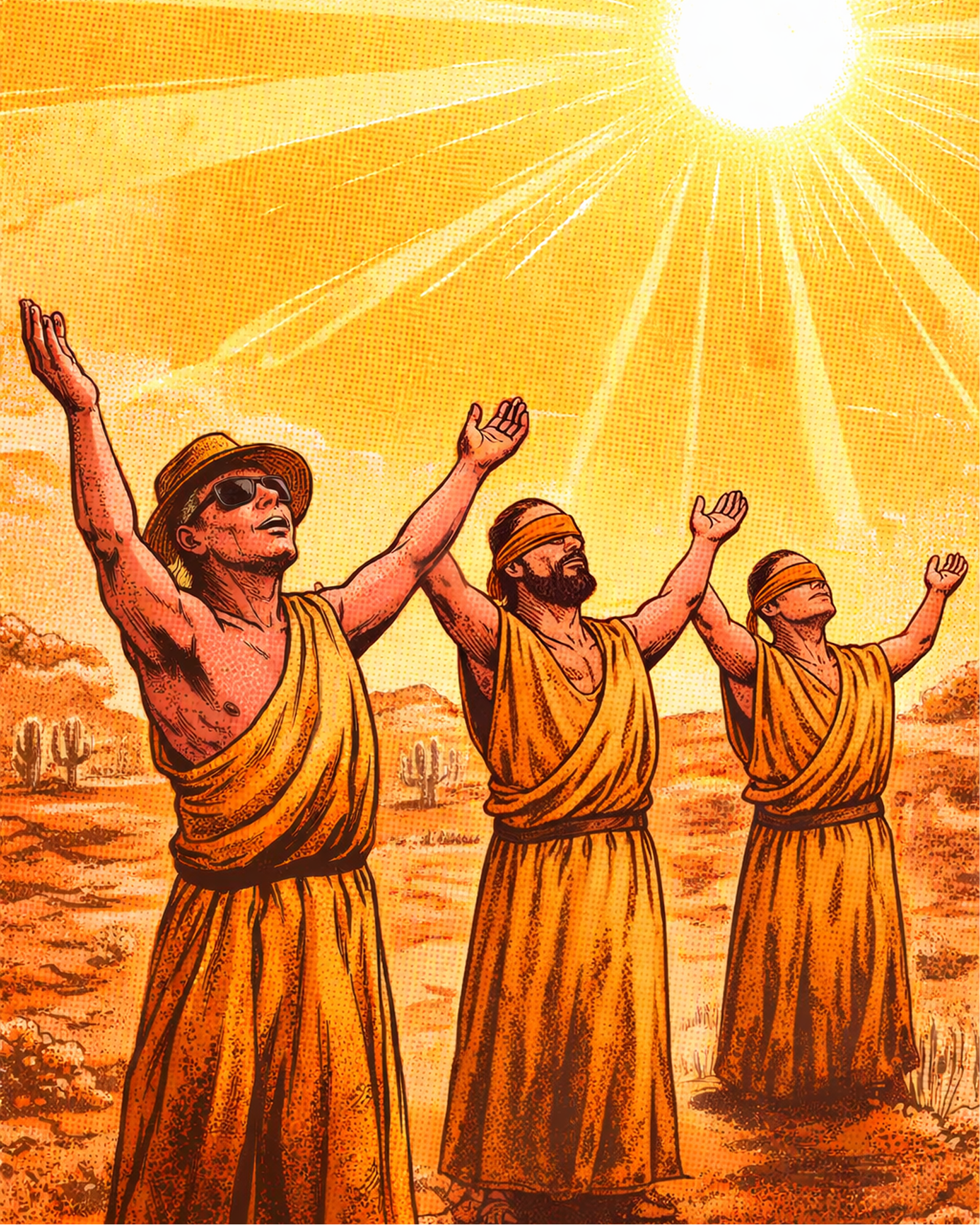 Three figures in yellow robes with raised arms against a desert landscape with a bright sun.