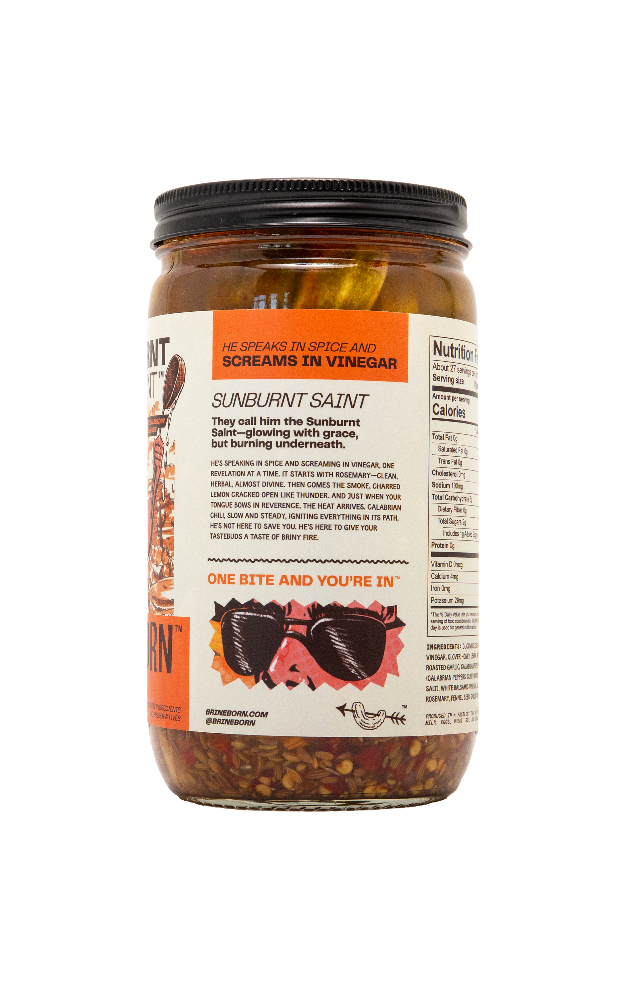 Sunburnt Saint BRINEBORN Jar of pickles with a label on a white background