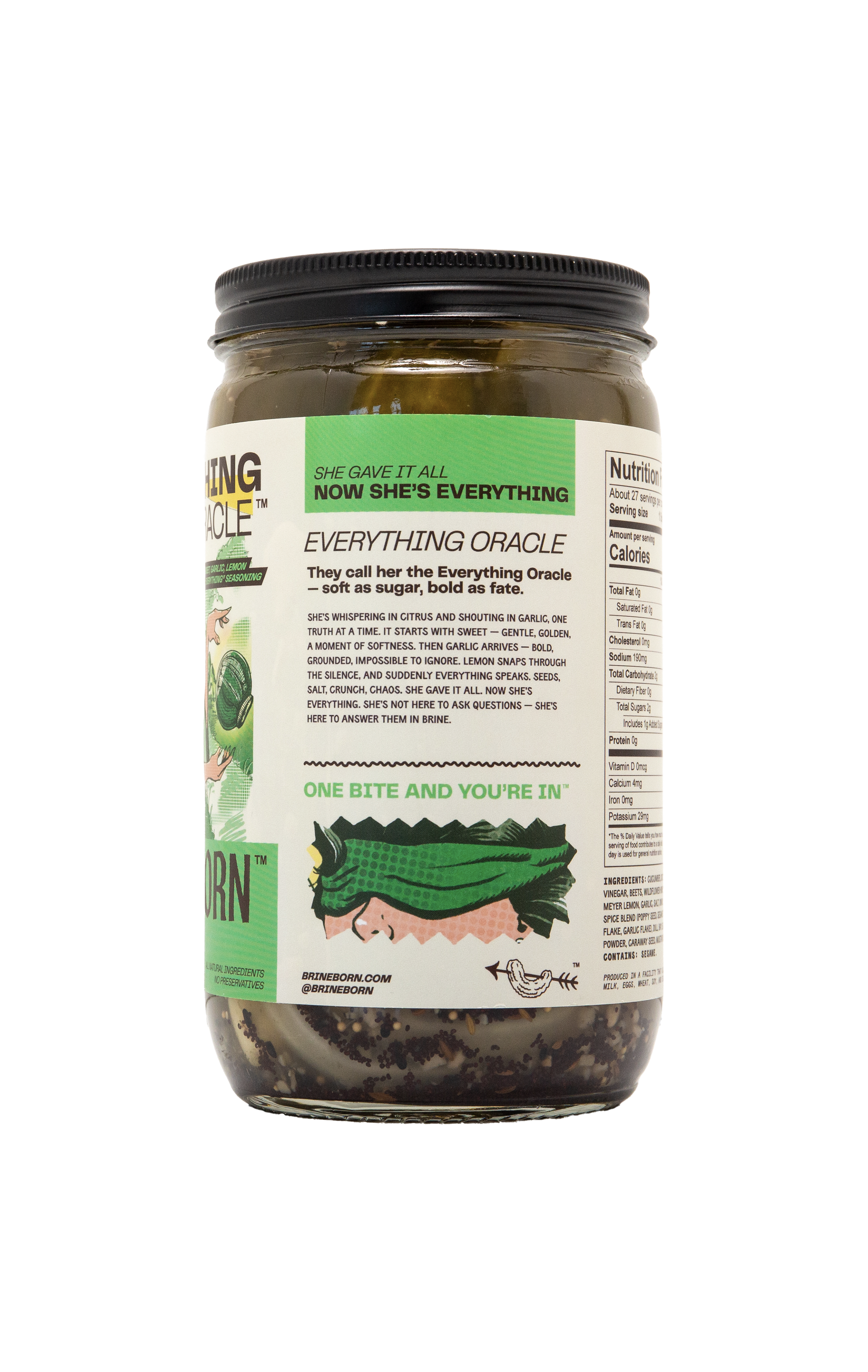 Side view of a Brineborn Everything Oracle pickle jar with green and white product label and nutrition facts.