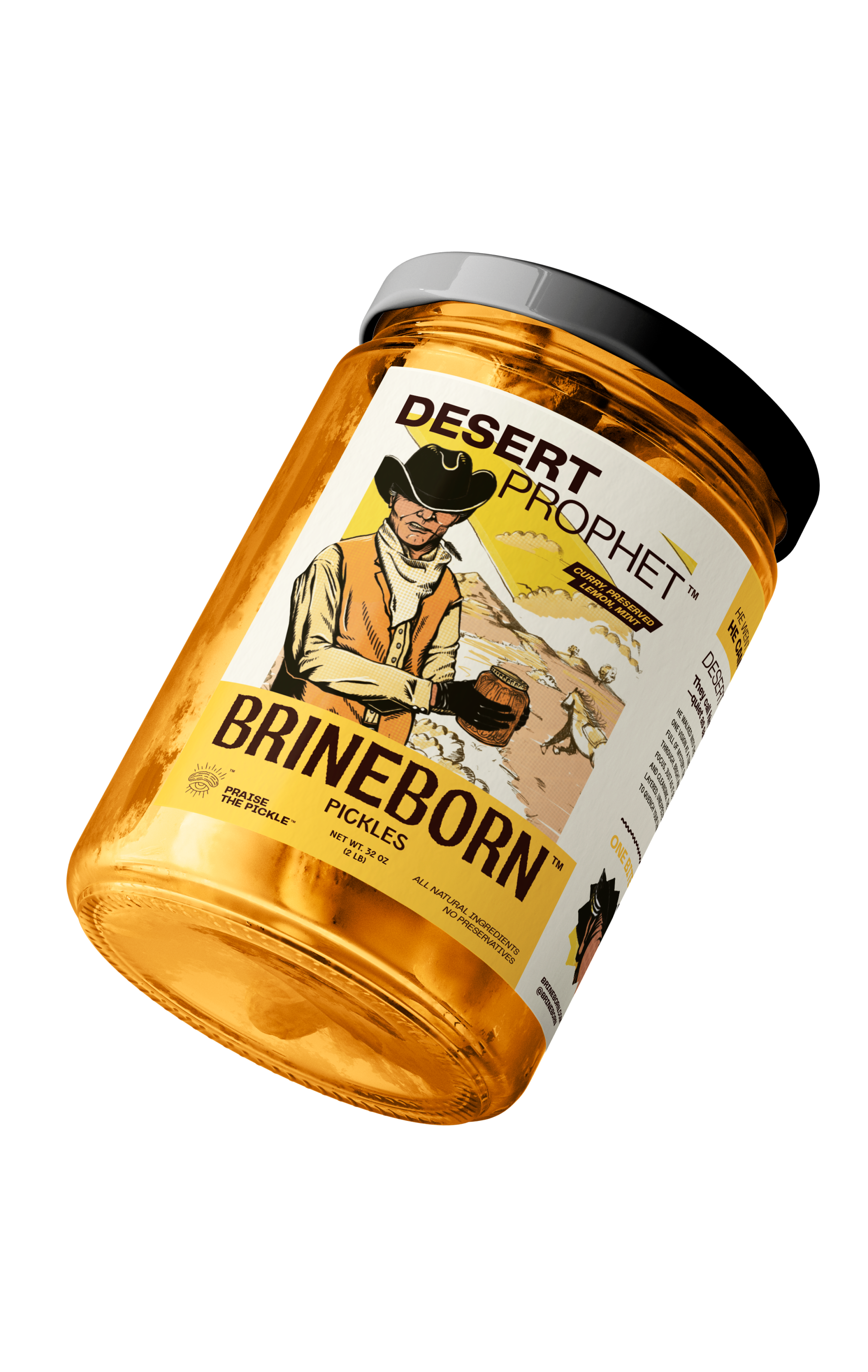 Jar of Brineborn Desert Prophet pickles on a white background