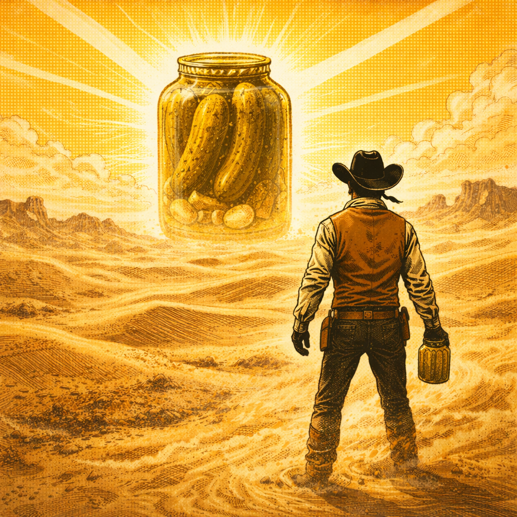 Cowboy standing in a desert landscape looking at a large jar of pickles.