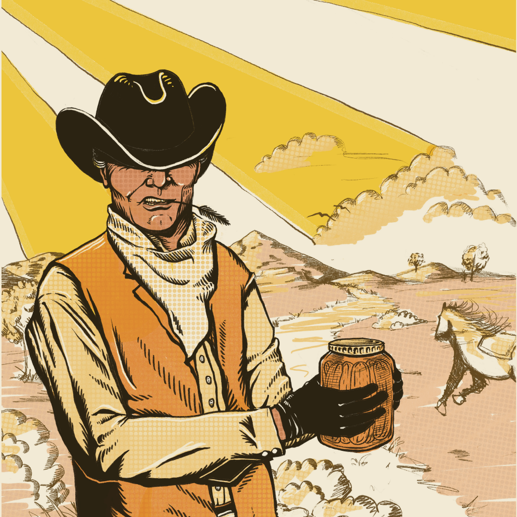 Illustration of a cowboy holding a jar or pickles with a desert landscape in the background