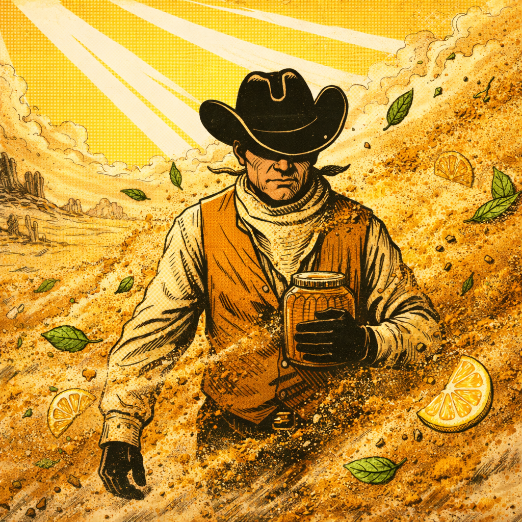 Illustration of a cowboy holding a jar in a desert setting with lemons.