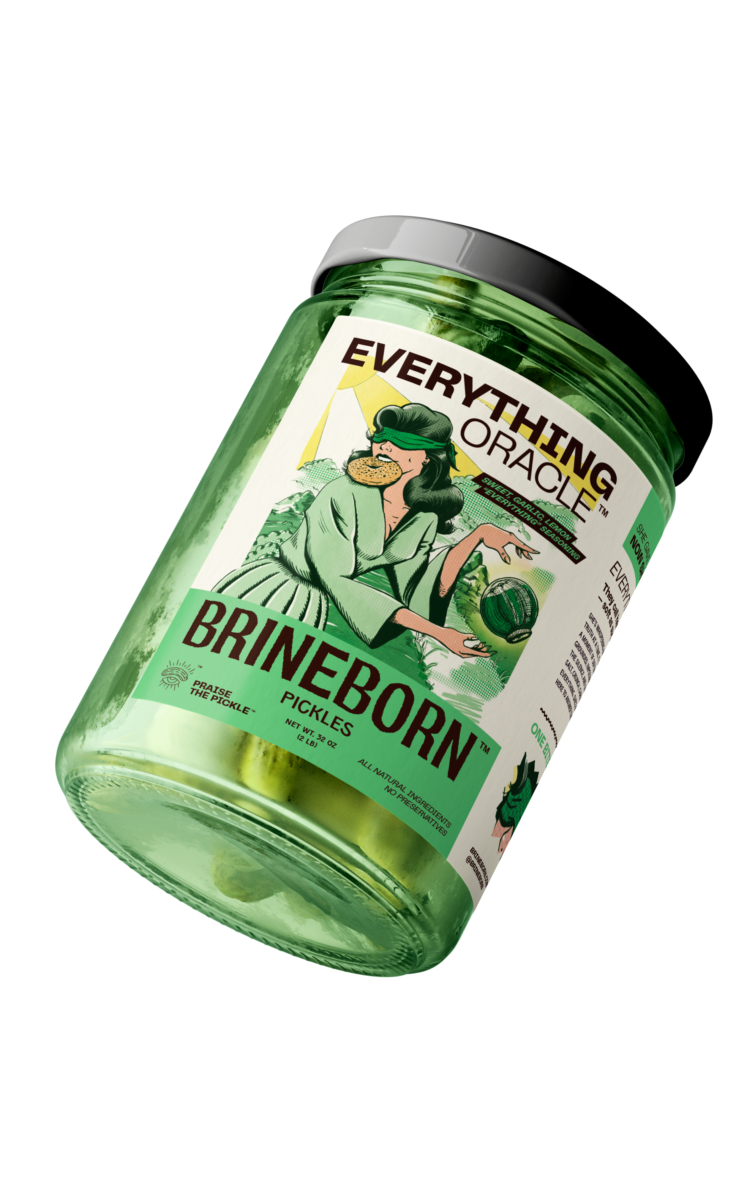 Jar of Brineborn pickles with a label featuring 'Everything Oracle' branding on a white background.