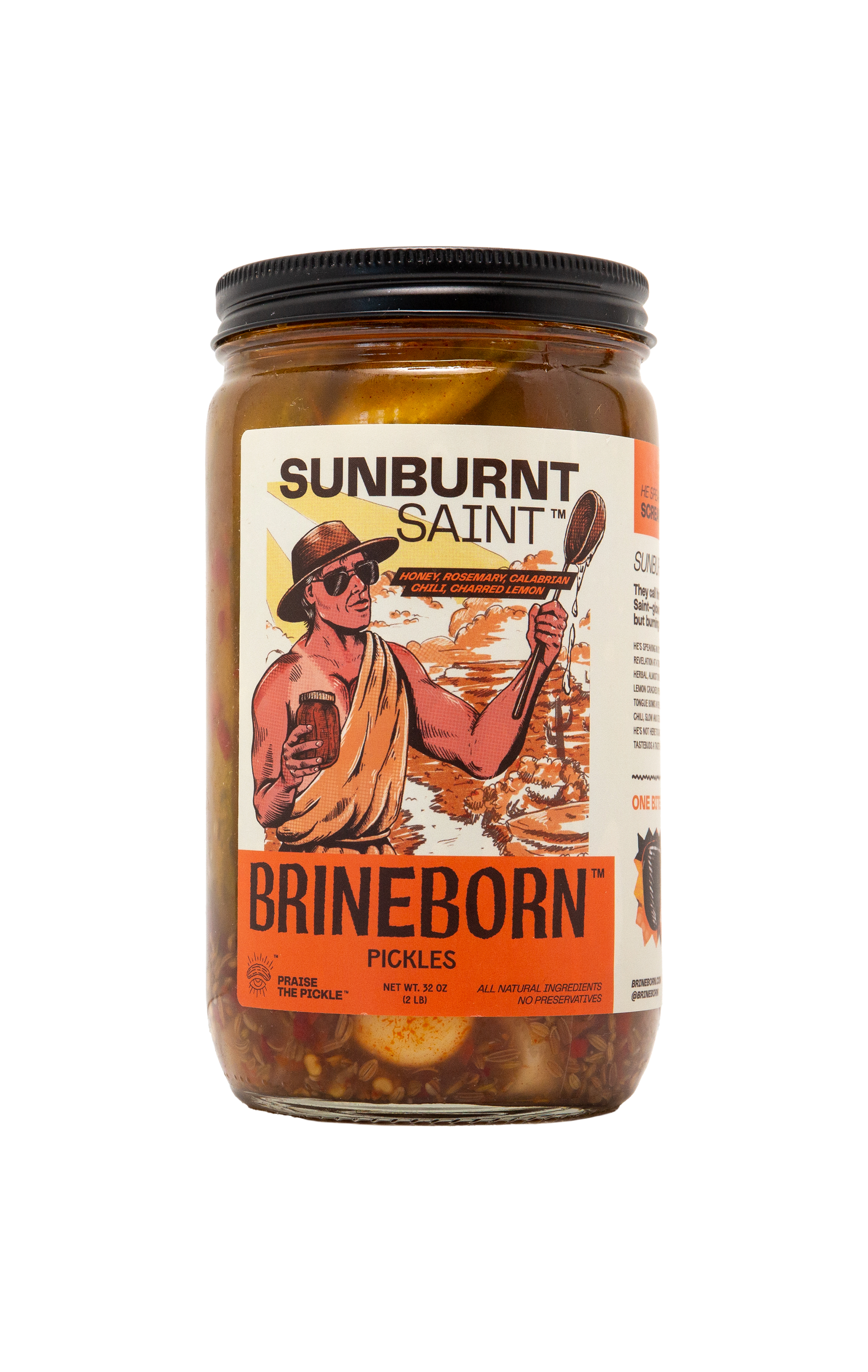 Sunburnt Saint BRINEBORN Jar of pickles with a label on a white background