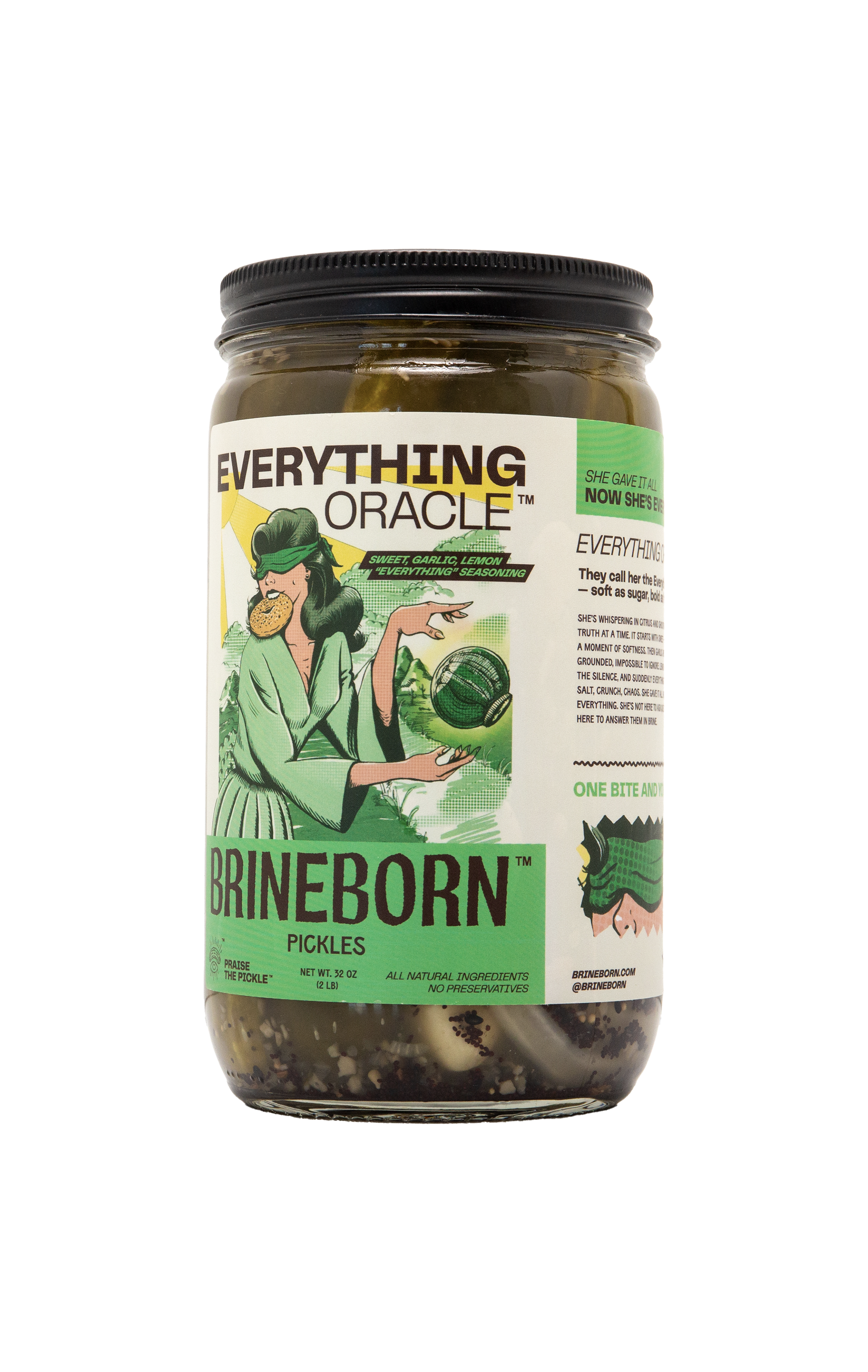 Glass jar of Brineborn Everything Oracle pickles with a green and white front label showing an illustrated woman holding a pickle, with side label text partially visible.