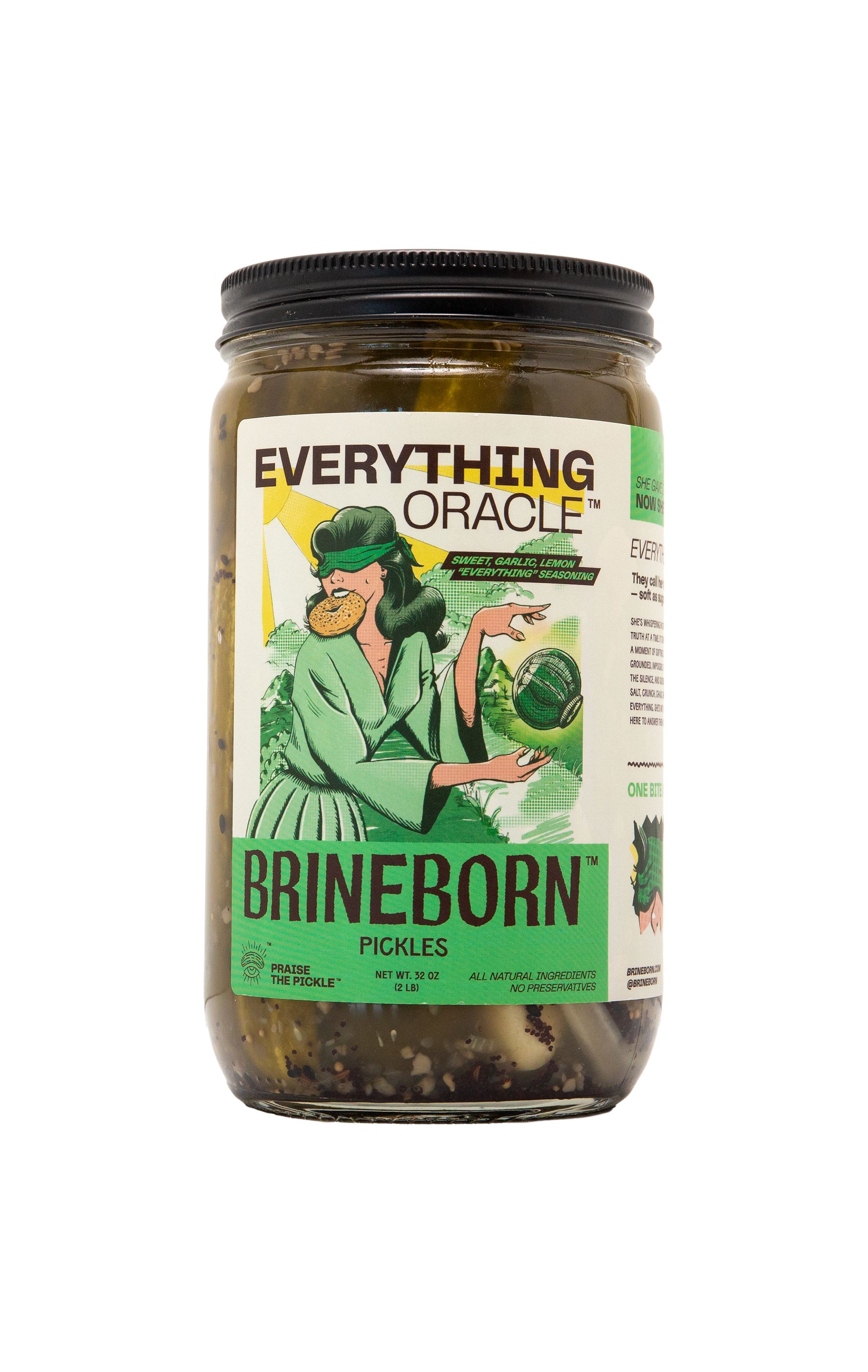 Everything Oracle BRINEBORN Jar of pickles with a label on a white background