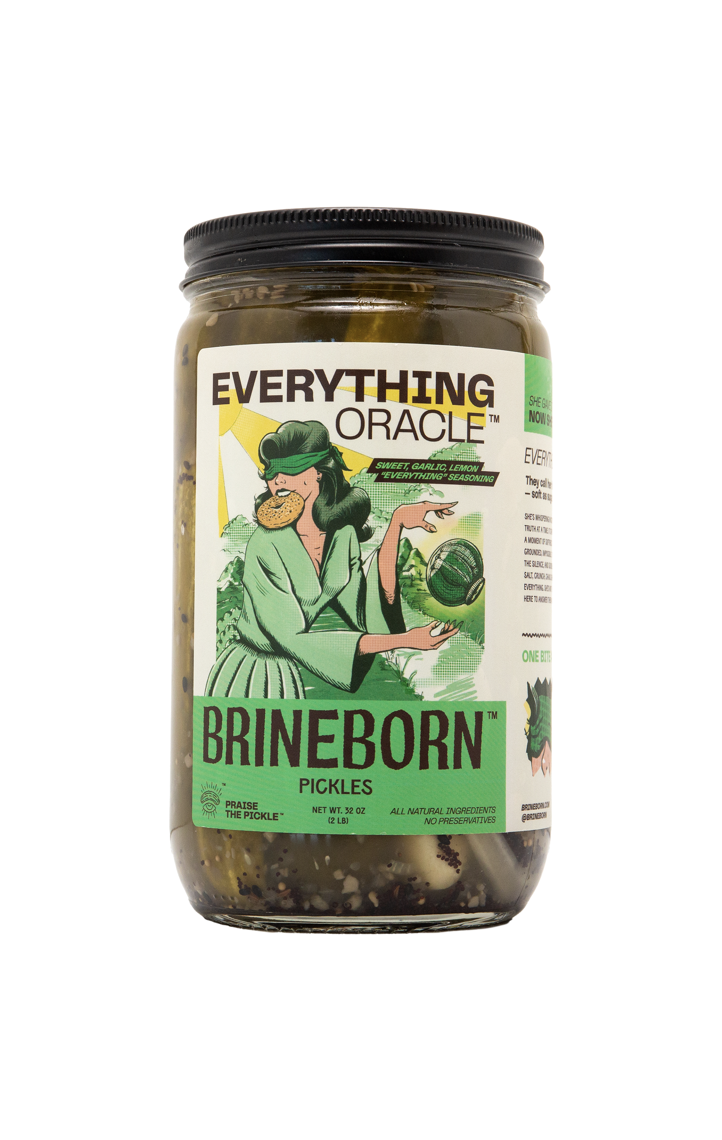 Glass jar of Brineborn Everything Oracle pickles with a green and white label showing an illustrated woman holding a pickle.