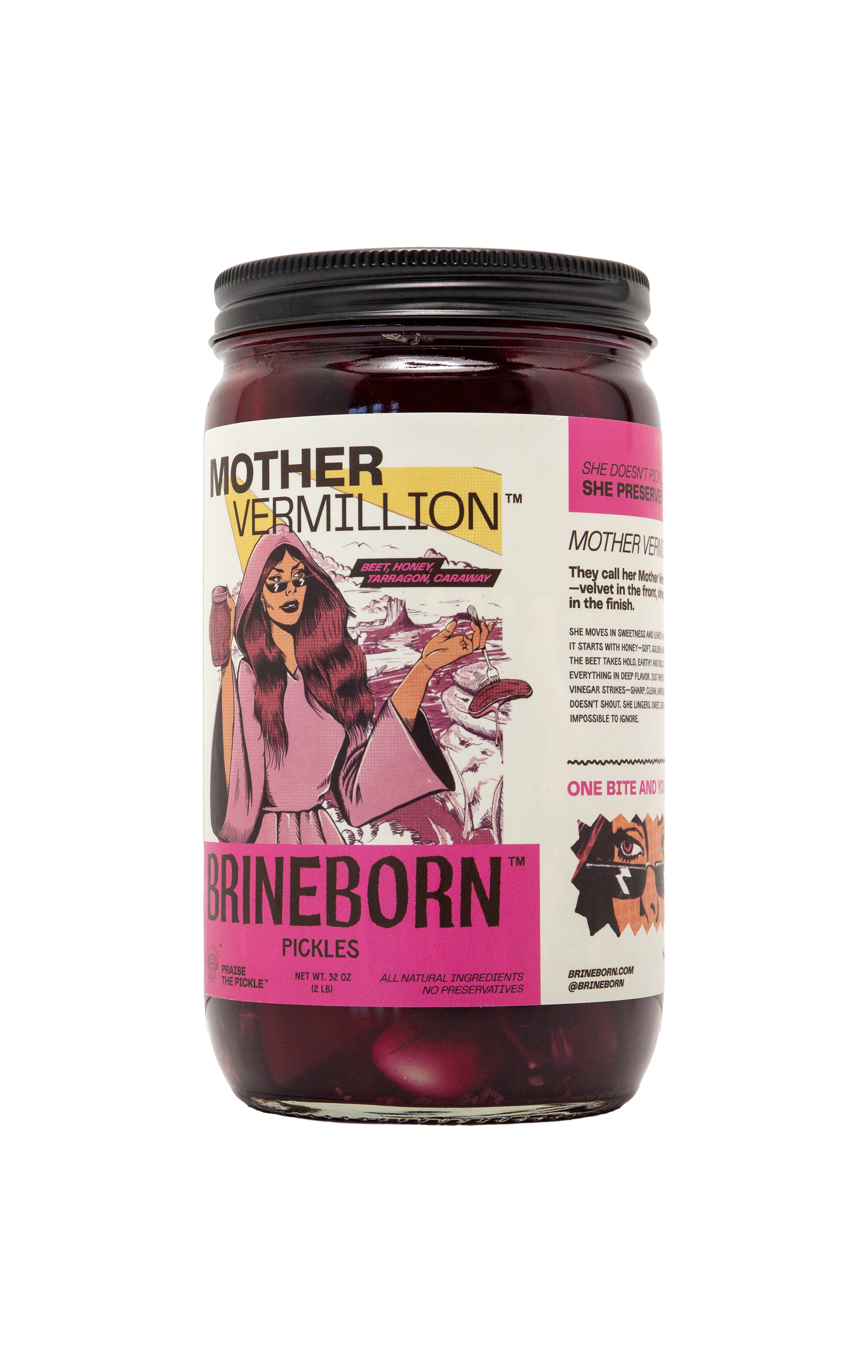Mother Vermillion BRINEBORN Jar of pickles with a label on a white background