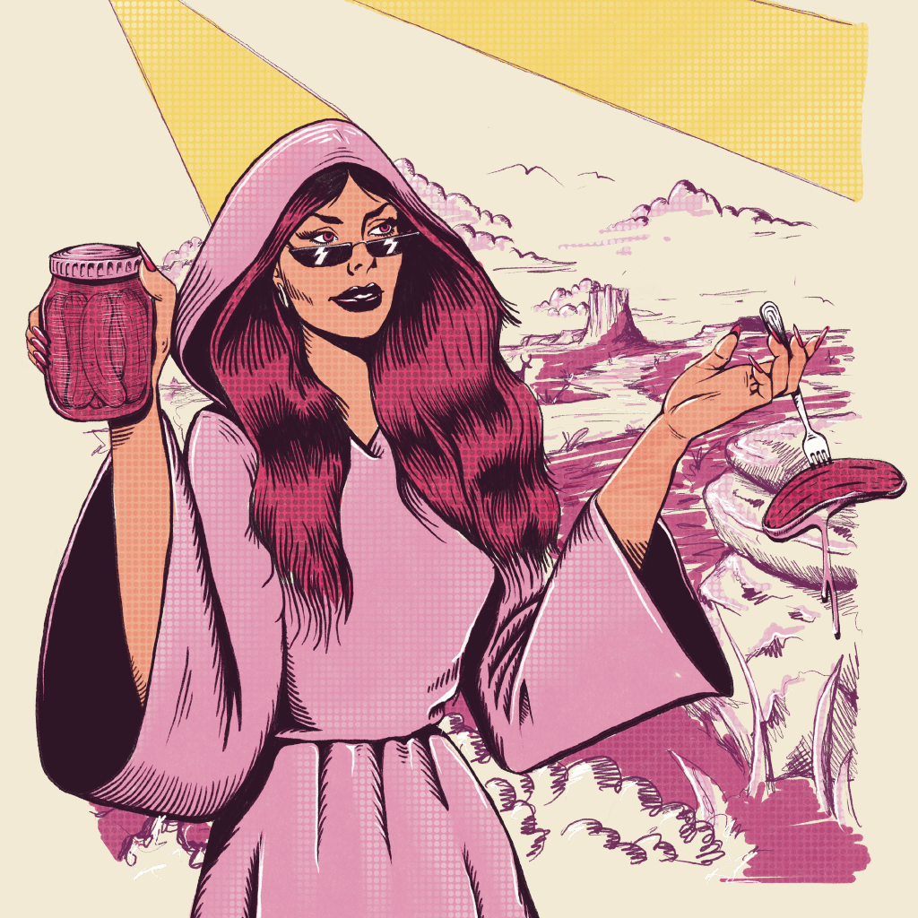 Illustration of our Mother Vermillion character in a pink outfit with a desert landscape in the background