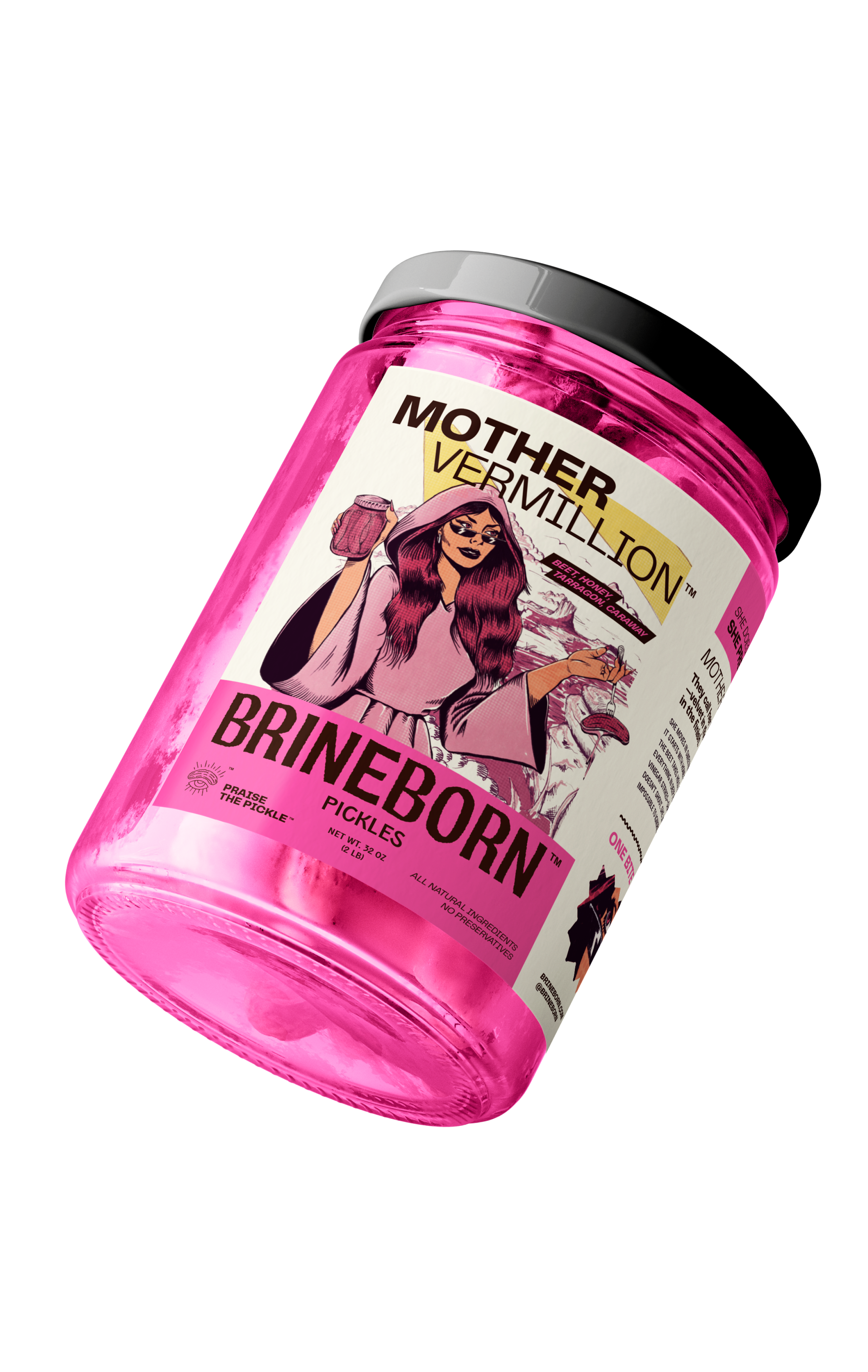 Pink jar with a label featuring a person holding a sign that reads 'Mother Vermillion' on a white background.