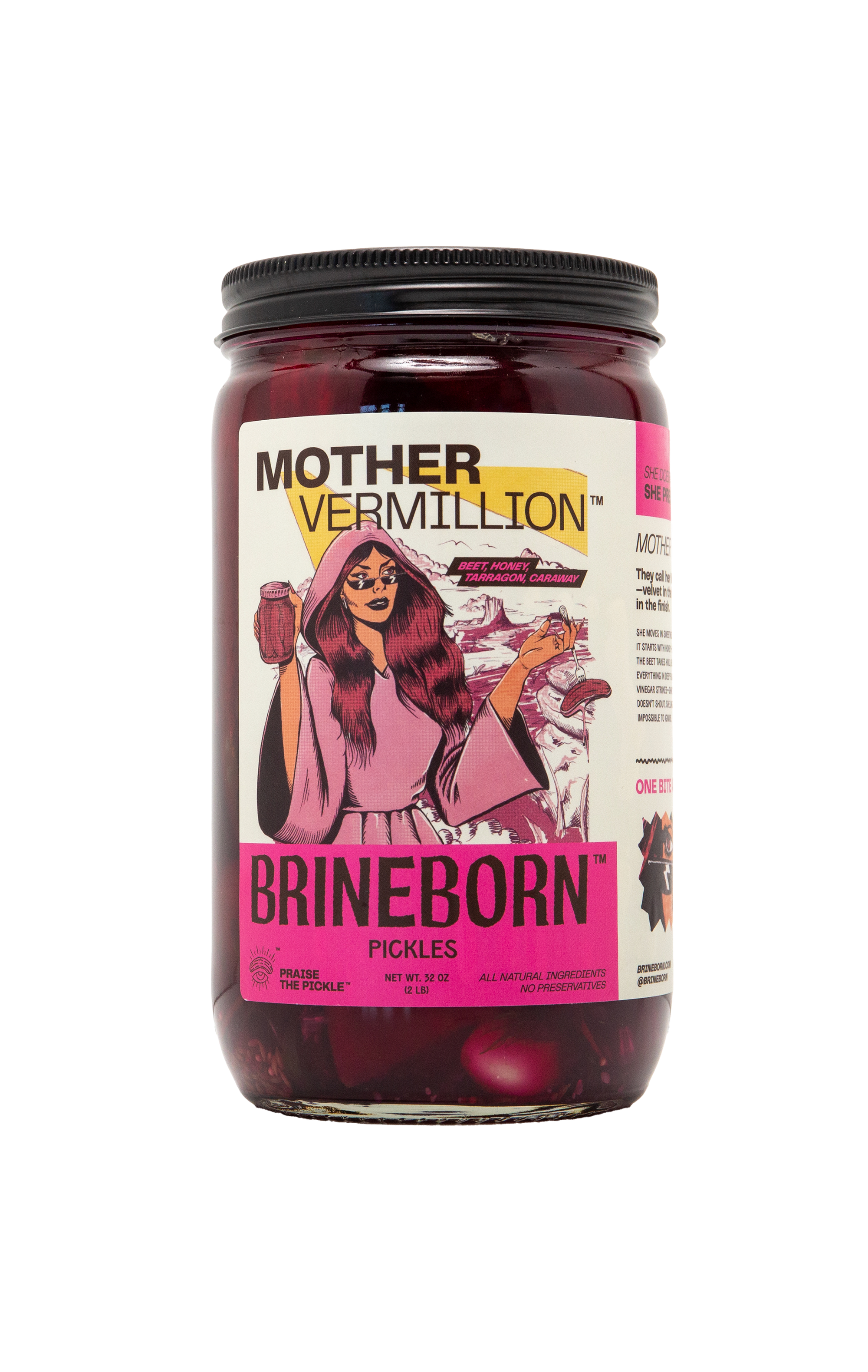 Mother Vermillion BRINEBORN Jar of pickles with a label on a white background