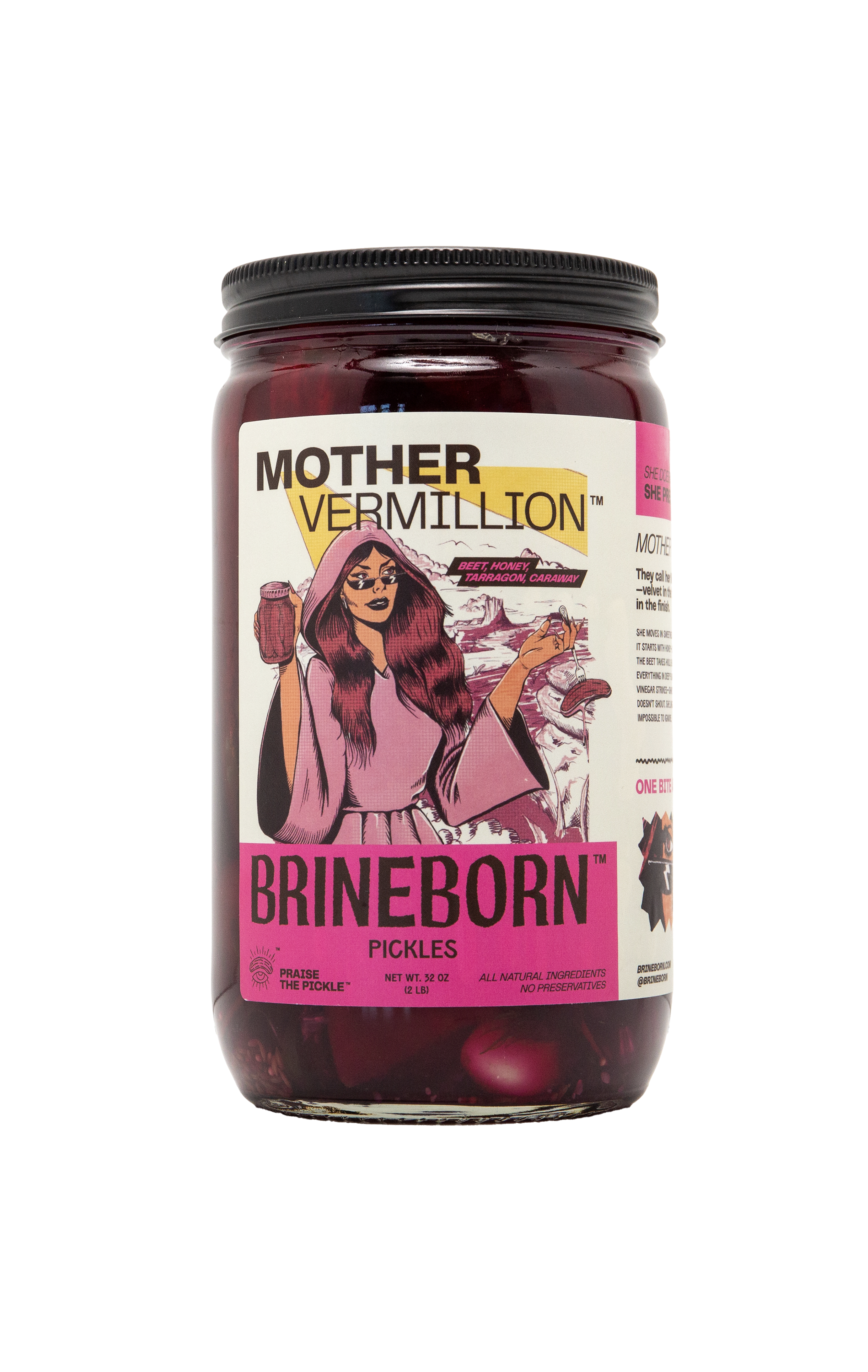 A glass jar of Brineborn "Mother Vermillion" pickles filled with deep-red pickled contents and featuring a black ribbed lid. The label includes an illustration of a woman in a hooded pink robe and sunglasses against a stylized landscape, set against a transparent checkered background.