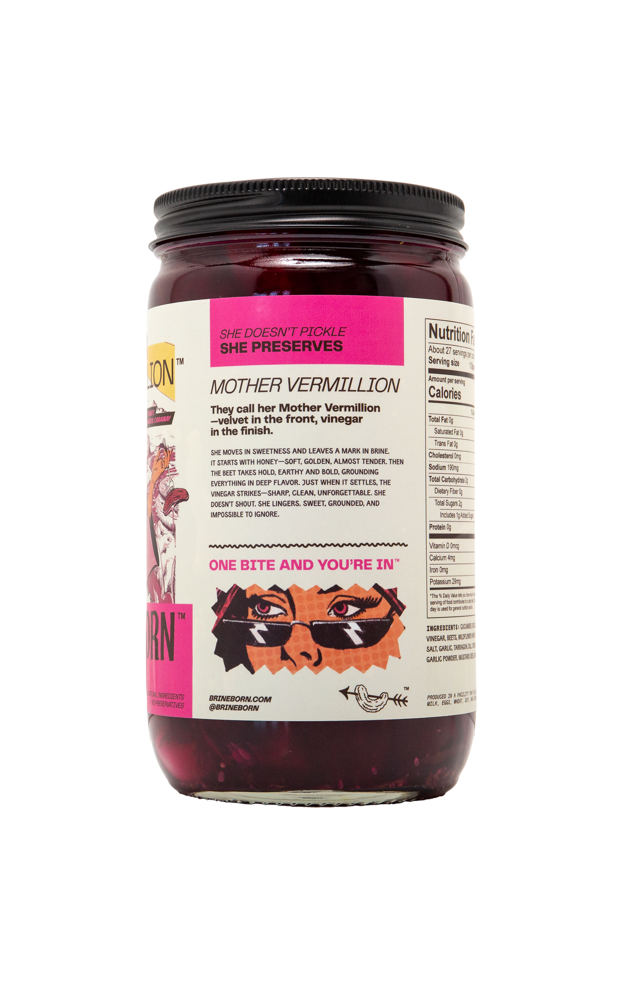 Mother Vermillion BRINEBORN Jar of pickles with a label on a white background