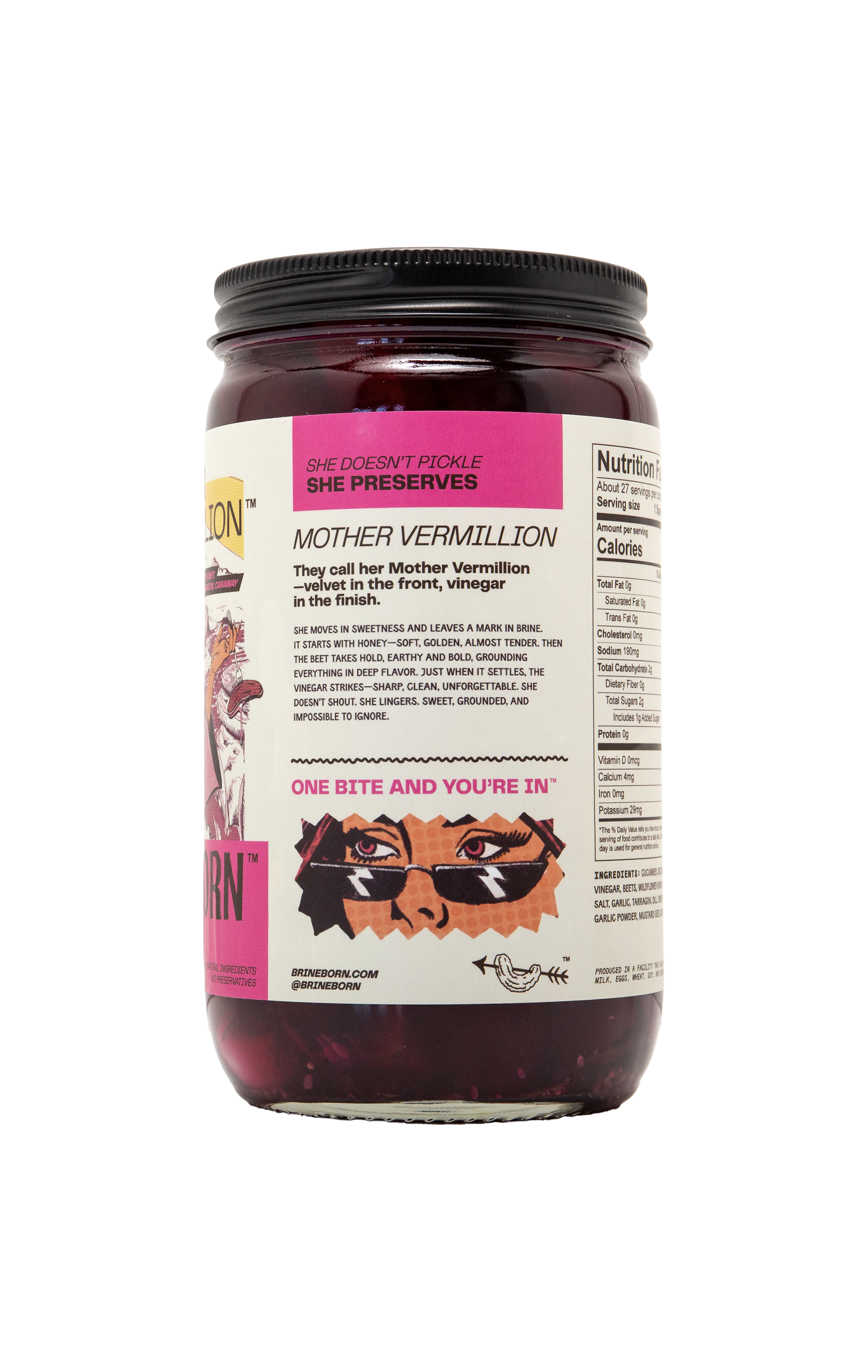 The side profile of a Brineborn "Mother Vermillion" pickle jar, showcasing product description text and a graphic of a woman's eyes wearing sunglasses. The glass jar is filled with a deep-red pickled product and sits against a transparent checkered background.