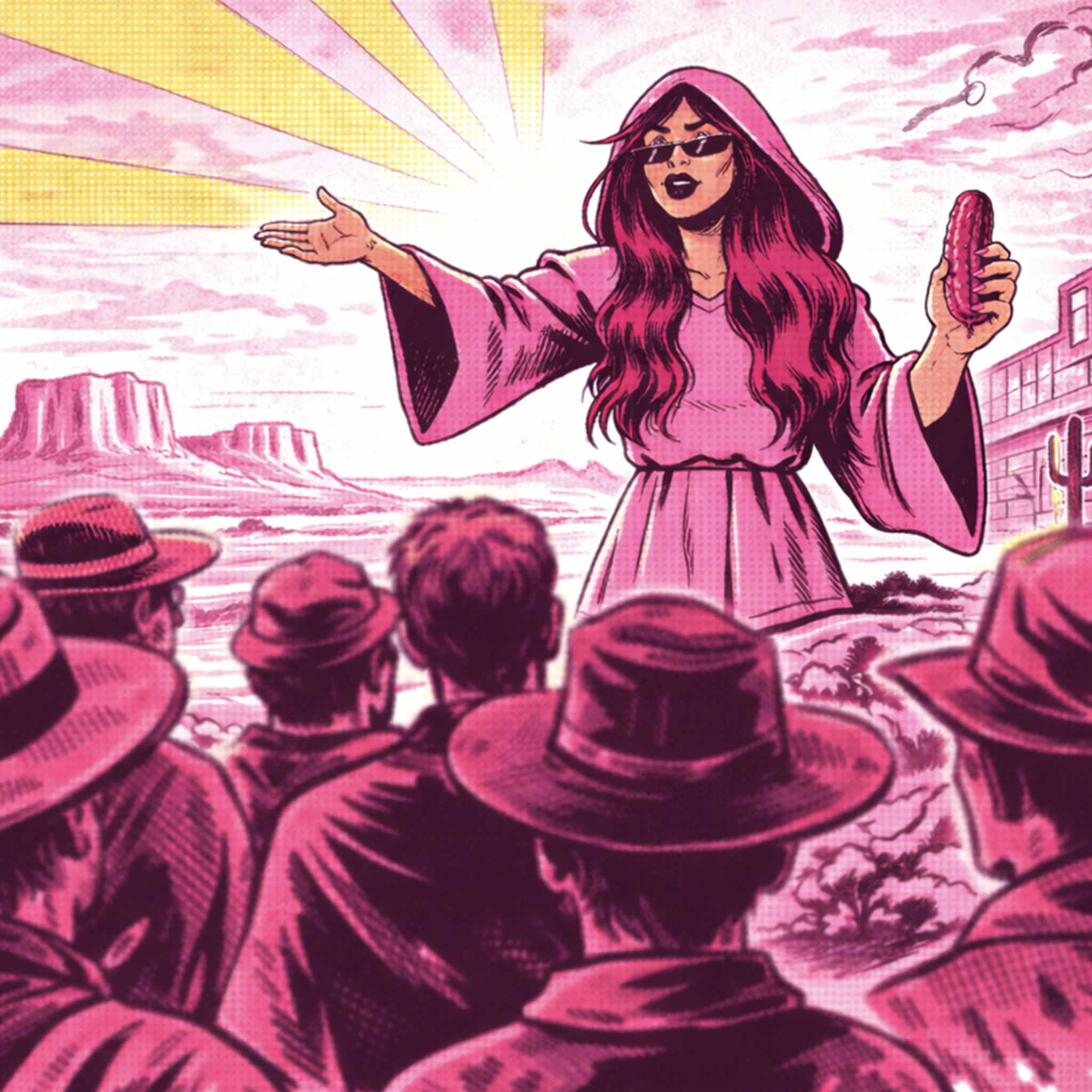Illustration of a woman in a pink outfit with long hair, sunglasses, and a pink pickle, standing in front of a group of people wearing hats in a desert setting.
