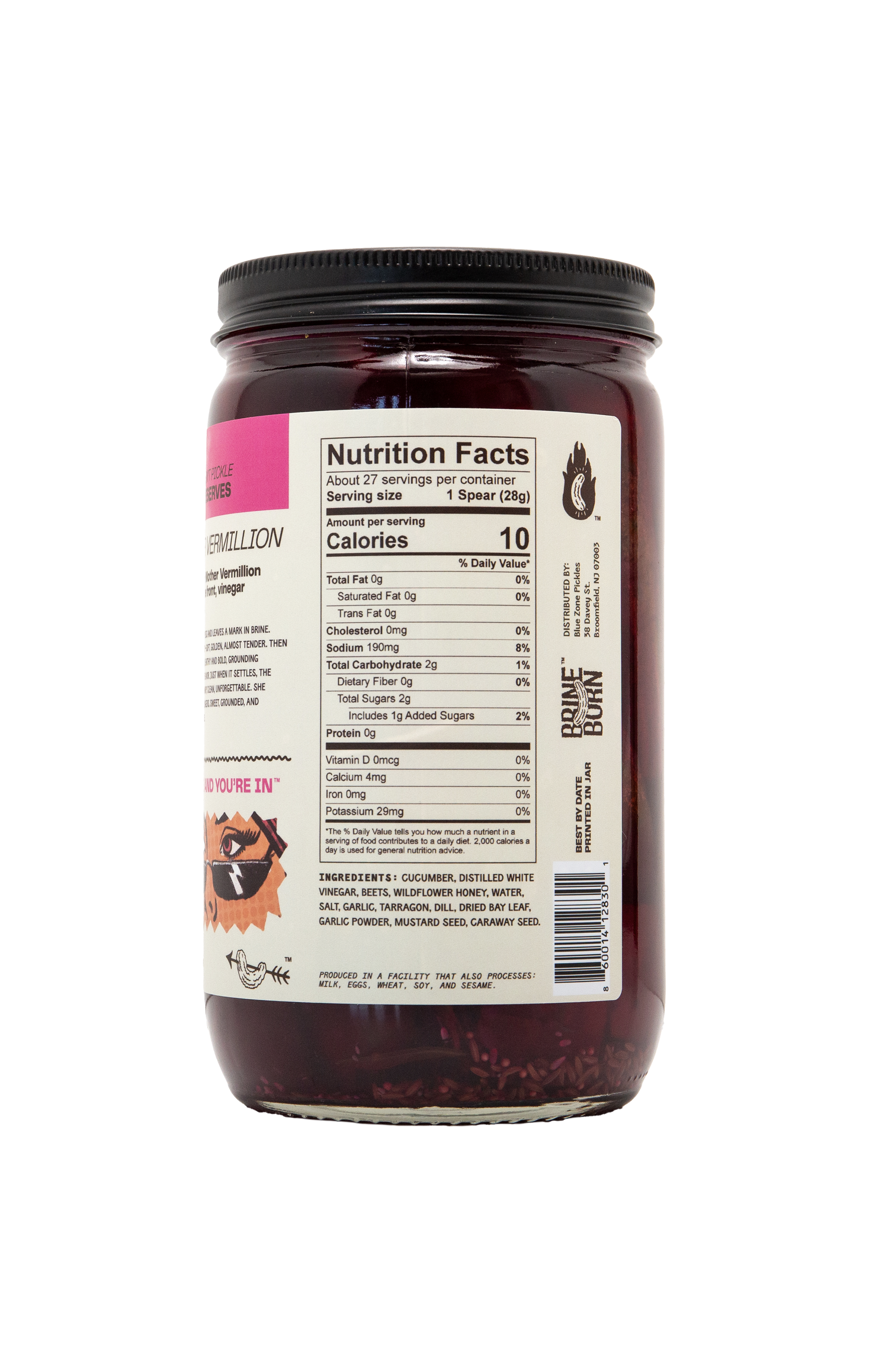 The back of a Brineborn "Mother Vermillion" pickle jar displaying the Nutrition Facts chart, an ingredients list, and a vertical barcode. The glass jar is filled with a dark red pickled liquid and contents, capped with a black lid against a transparent checkered background.