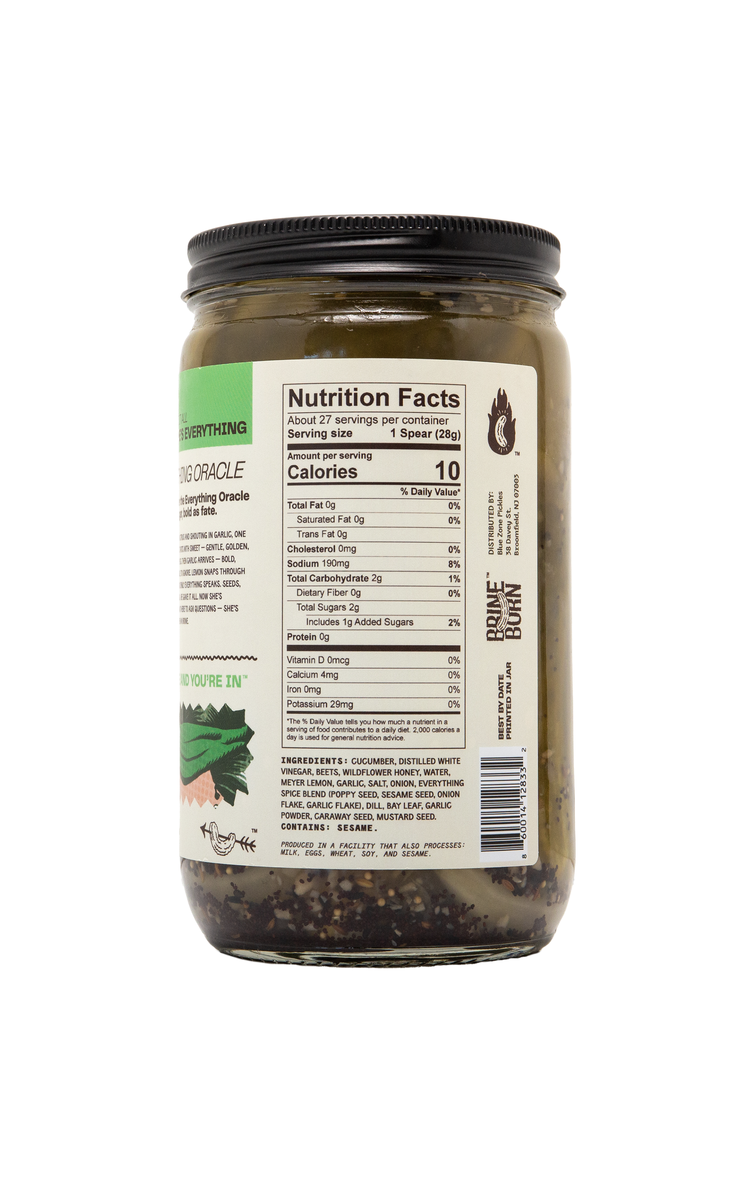 Back view of a Brineborn pickle jar showing the nutrition facts panel, barcode, and side label text.