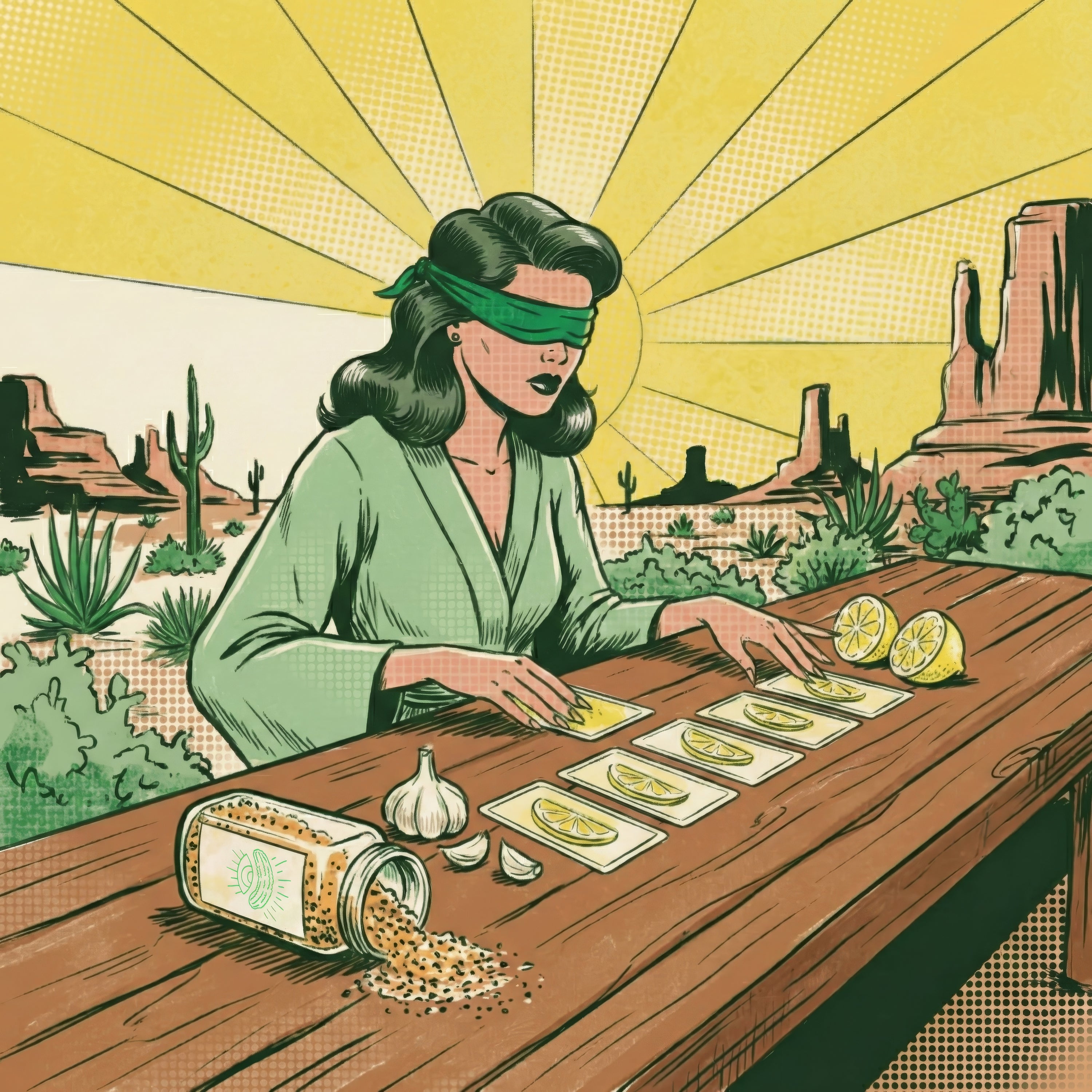 Illustration of the everything oracle character with a green blindfold sitting at a table in a desert setting, looking at food.