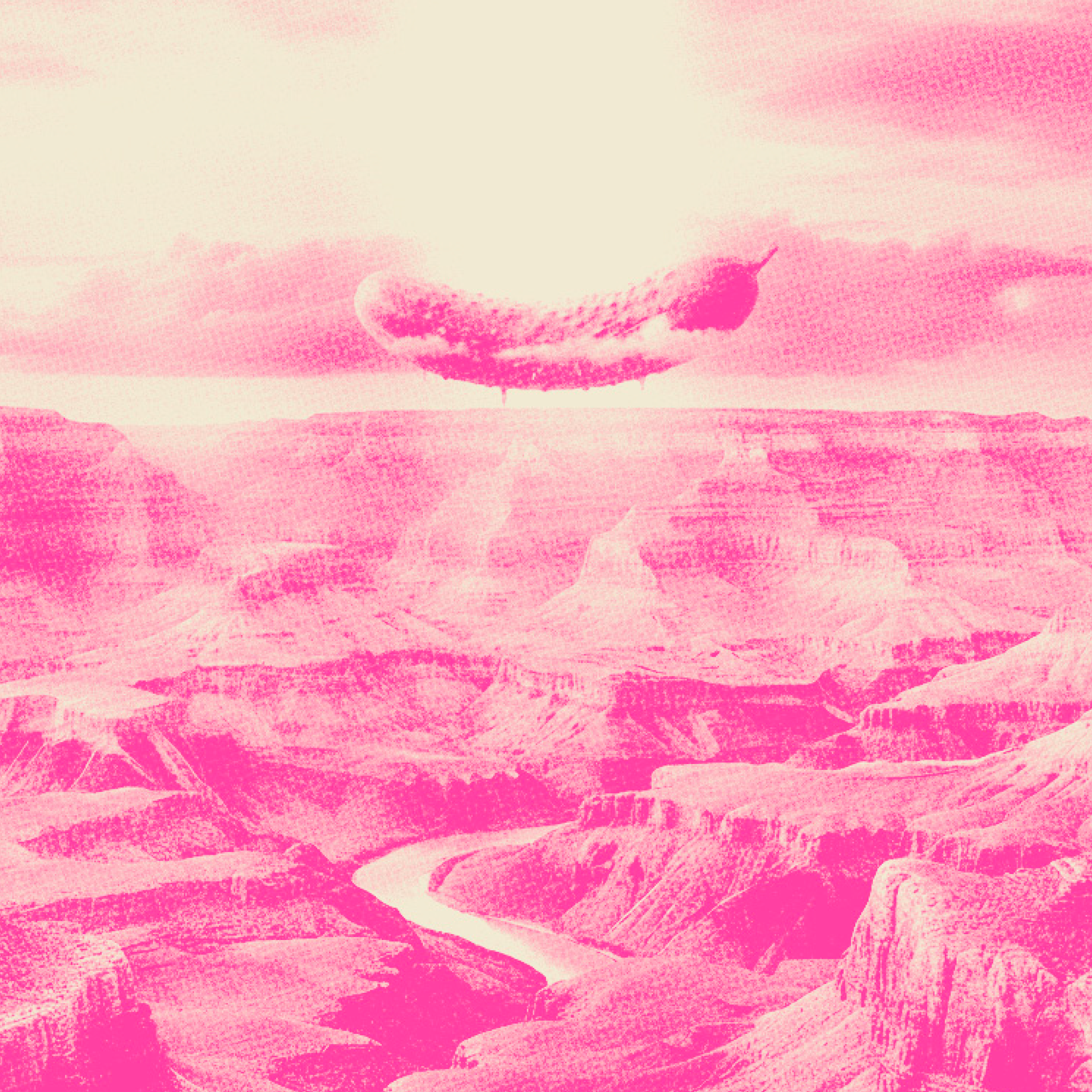 Pink and white abstract landscape with a river and mountains. A giant pickle floats overhead.