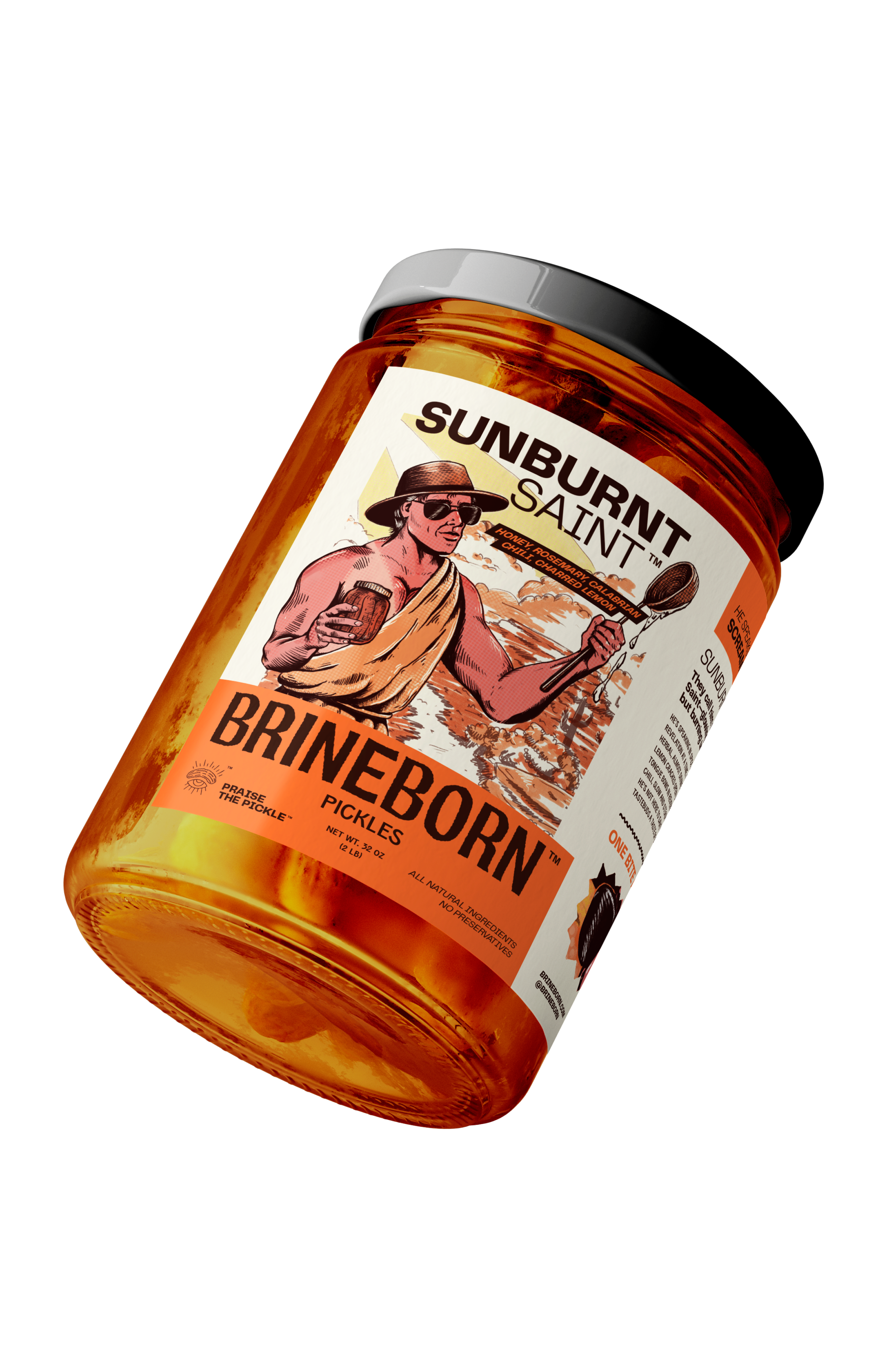 Jar of Brineborn Sunburnt Saint pickles on a white background