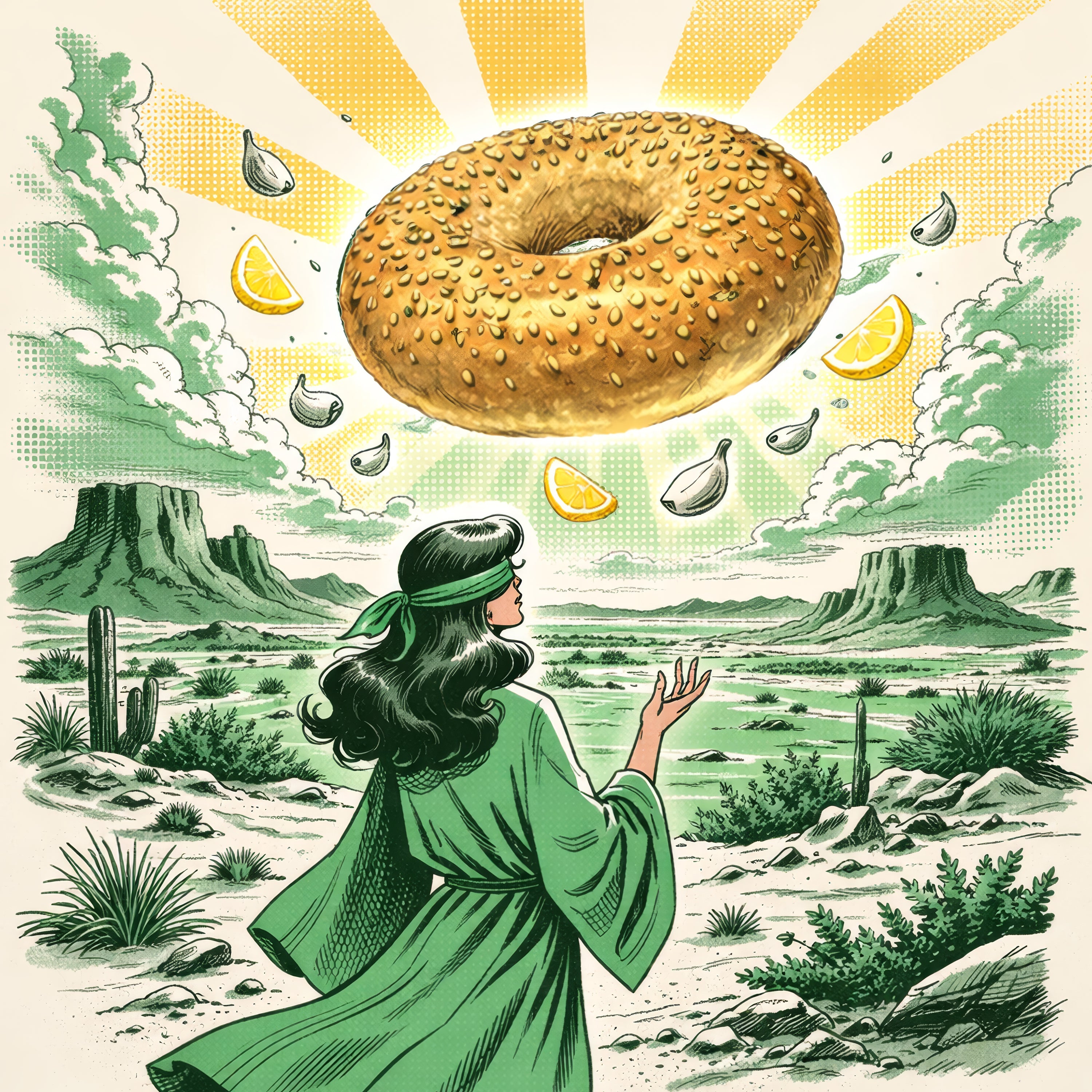Illustration of the everything oracle chracter in a desert landscape with a large bagel in the sky.