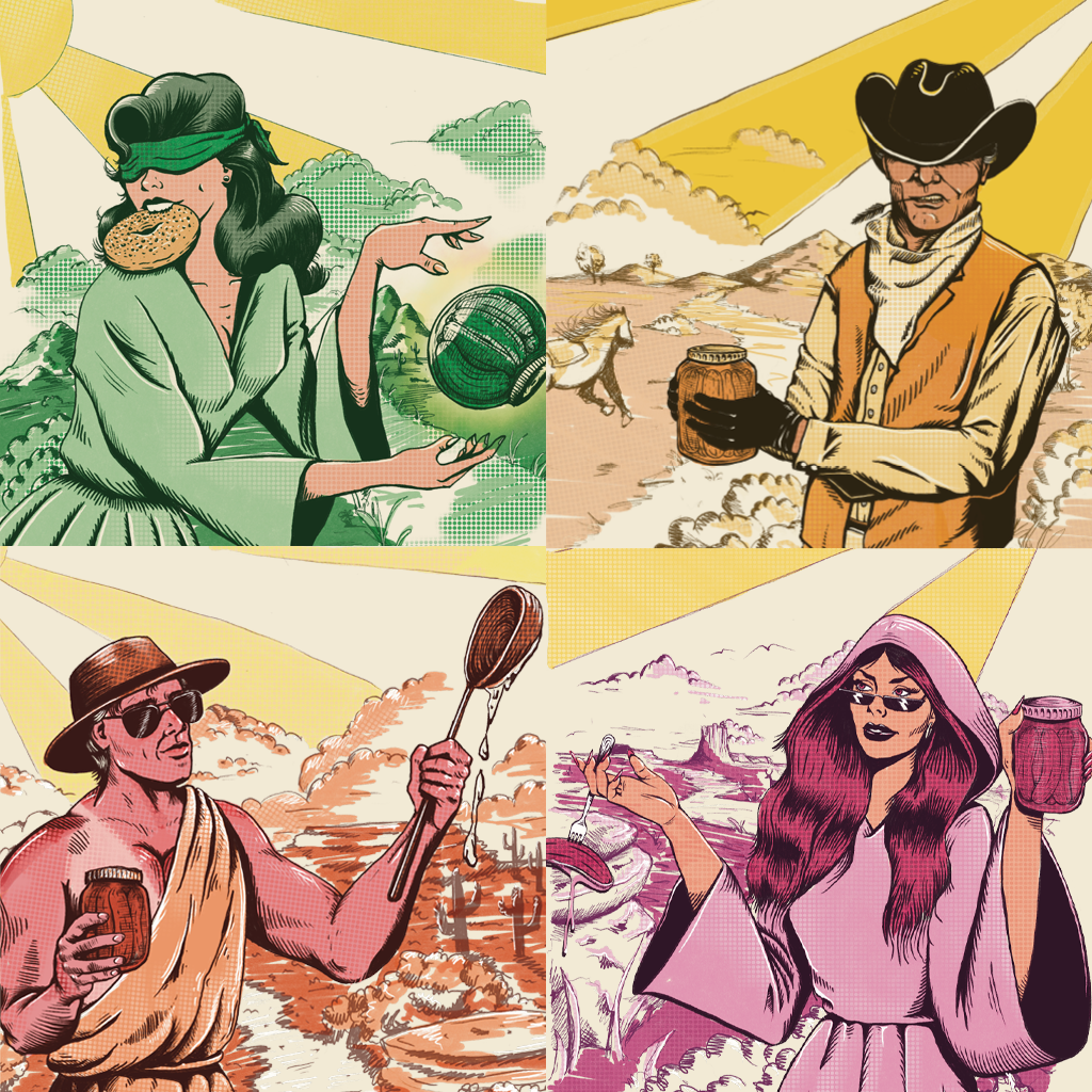 Four illustrated brineborn characters in different settings with various items.
