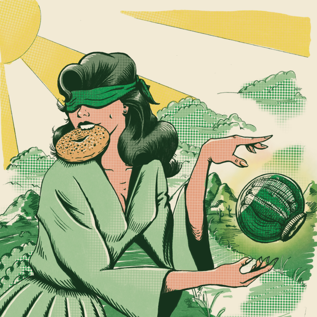 Illustration of our everything oracle character with a green blindfold holding a bagel and a jar of pickles, with a desert scene in the background.