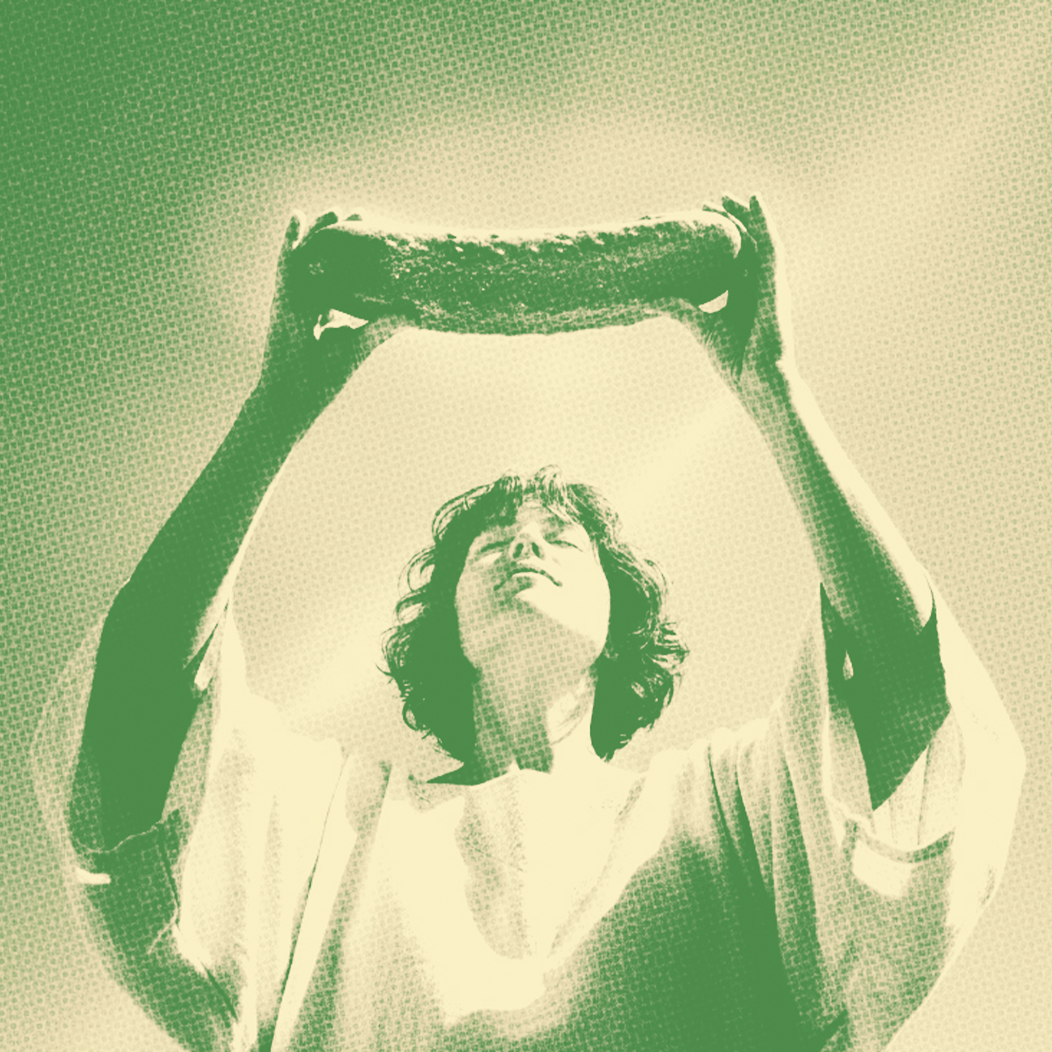 Person holding a large pickle above their head with a green and beige gradient background