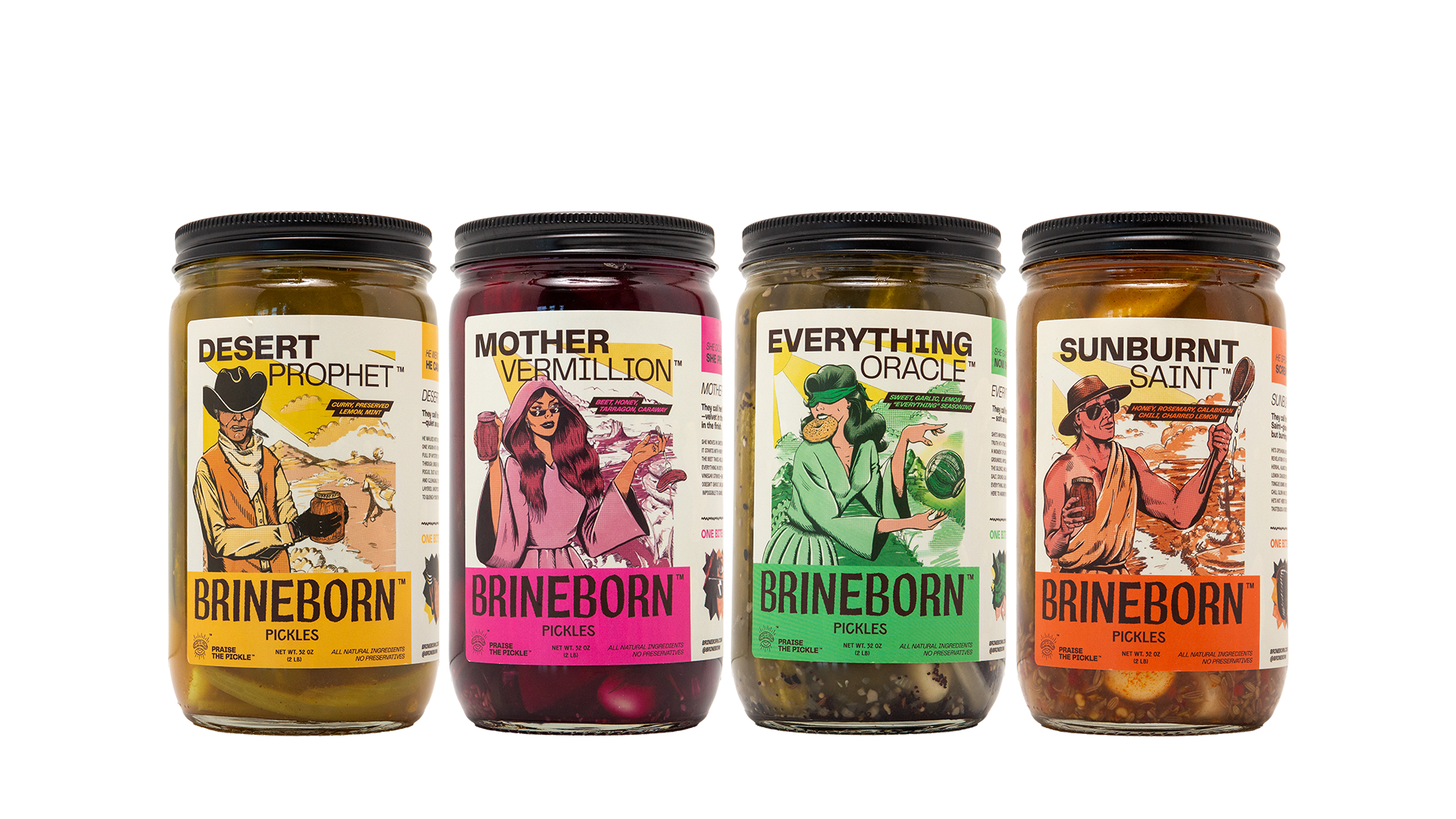 Four jars of Brineborn pickles with colorful labels featuring different characters on a white background.