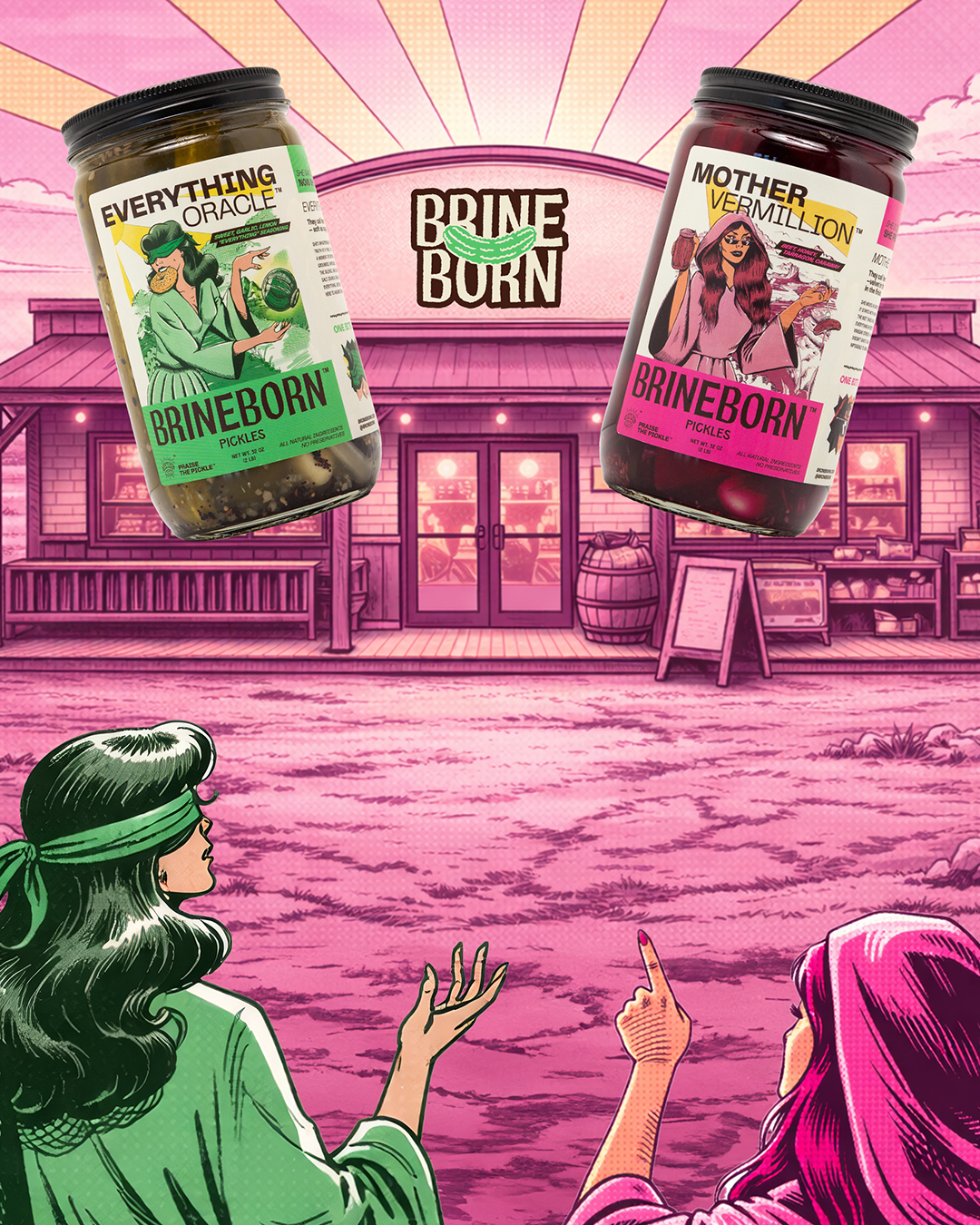 Two brineborn jars of pickle floating in front of a store with mother vermillion and the everything oracle